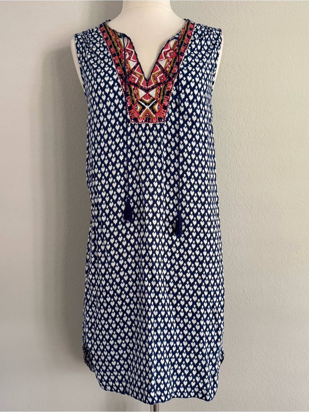 Beach Lunch Lounge Boho Blue White Sleeveless Tank Dress Sz M